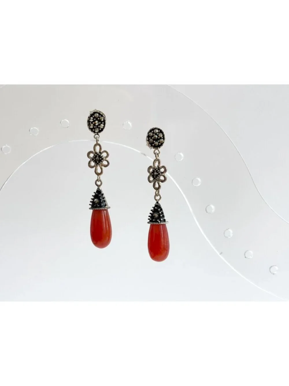 Art Deco Red Coral & Marcasite Floral Teardrop Vintage Sterling Silver Earrings